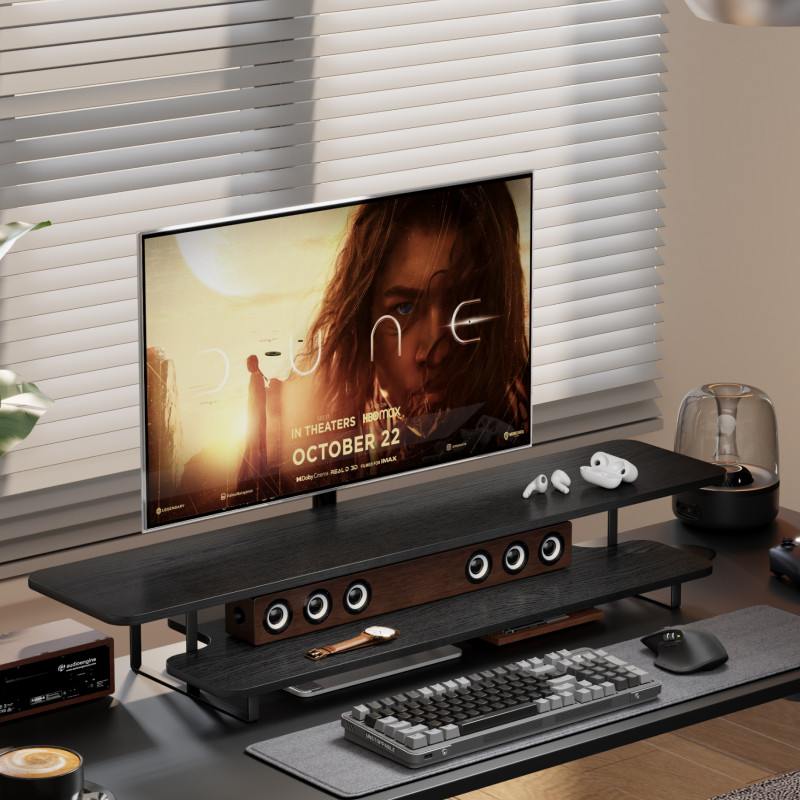 Desk Setup Laptop And Monitor - Penyangga Monitor Kayu Walnut, Organizer Meja