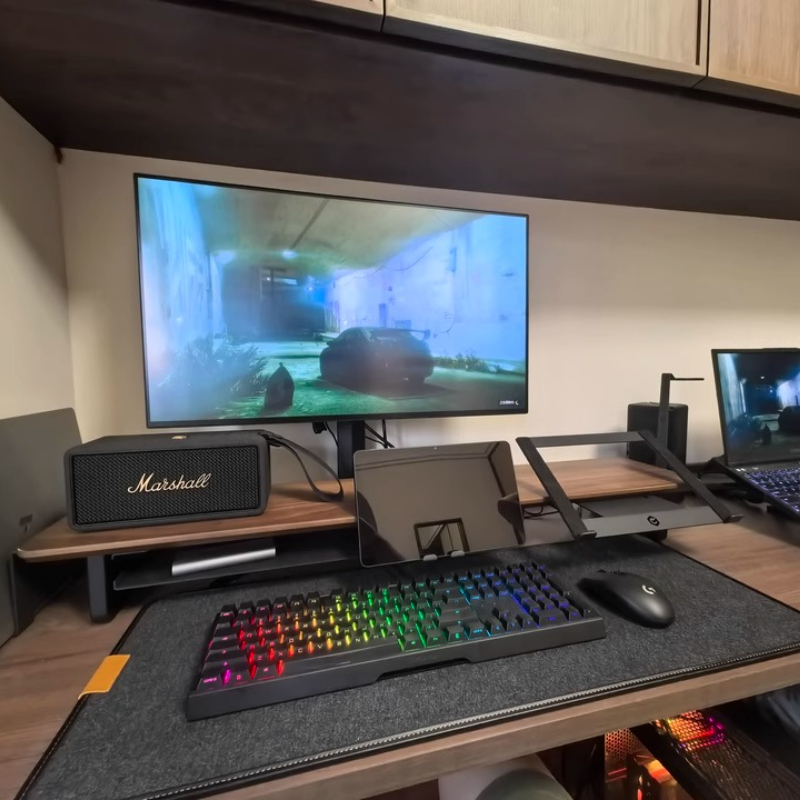 Desk Setup Black And Wood - Stand Monitor Modular Ergonomis, Organizer Meja,