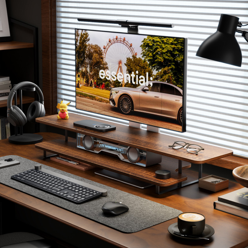 Penyangga Monitor Kayu Walnut, - Desk Setup Laptop And Monitor ulasan dan harga