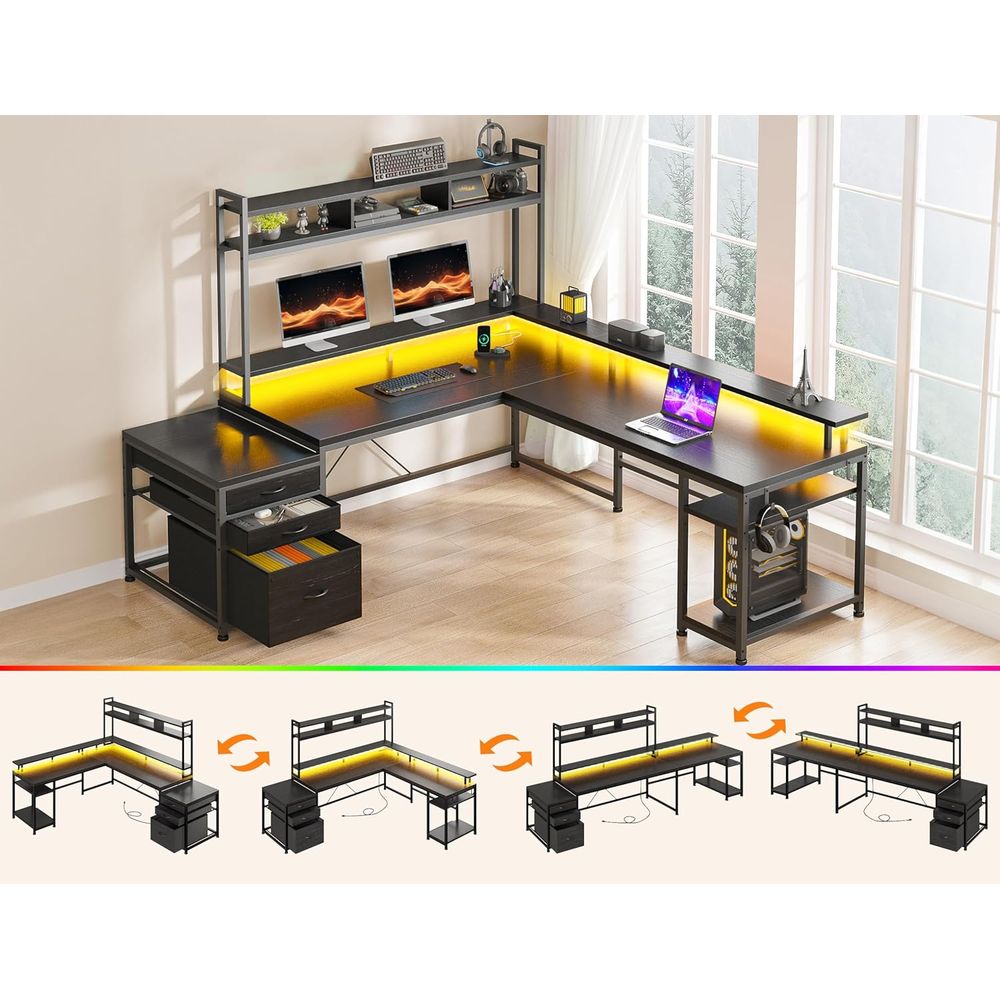 Meja Gaming Bentuk L untuk Dua - Desk Setup Black And Wood ulasan dan harga