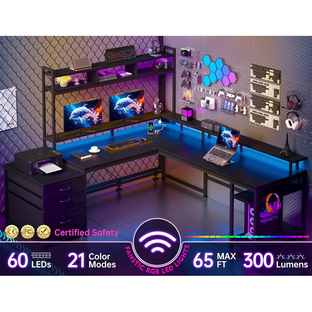 Meja Gaming Bentuk L untuk Dua - Desk Setup Black And Wood ulasan dan harga