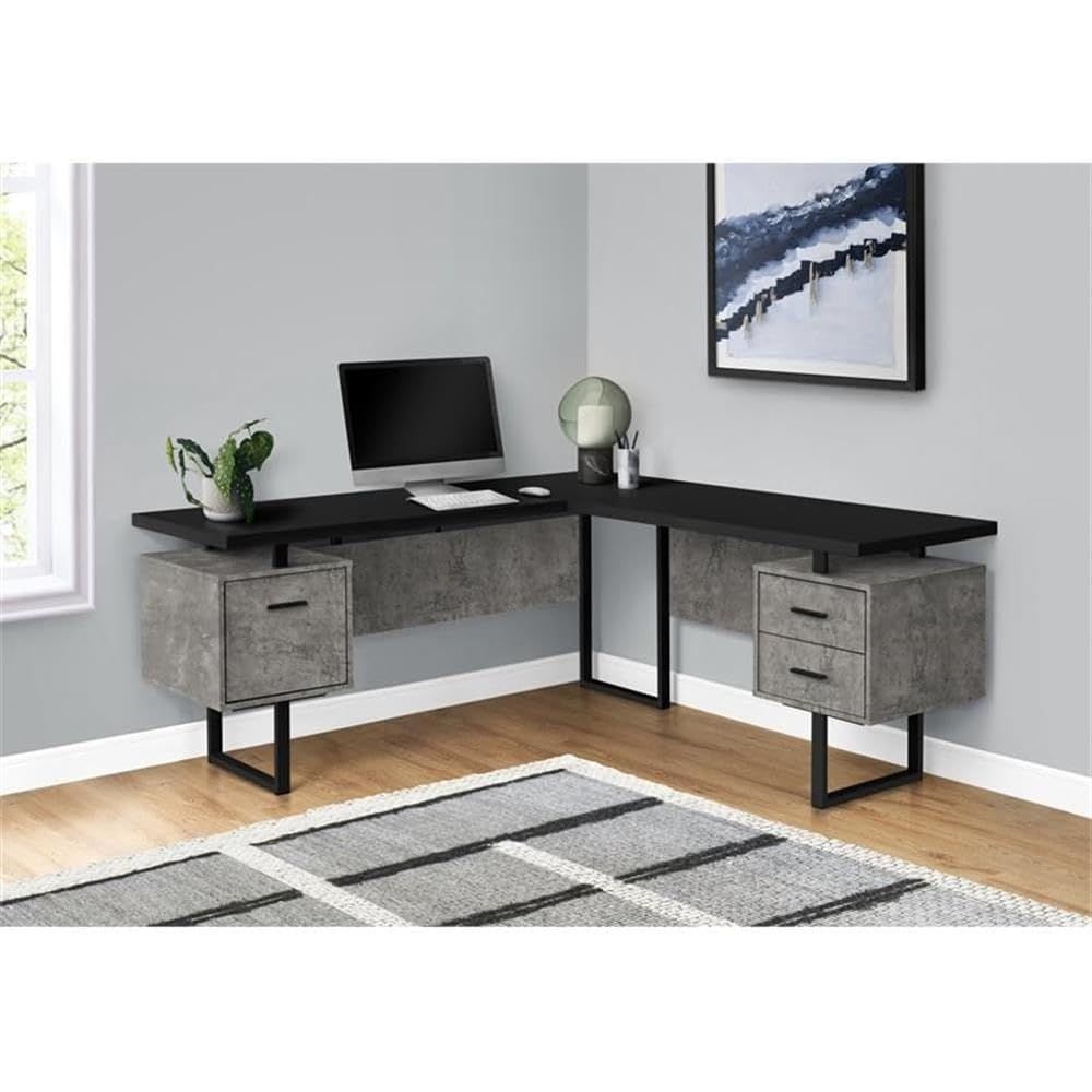 Meja Komputer Bentuk L 70 deng - Desk Setup Black And Wood ulasan dan harga