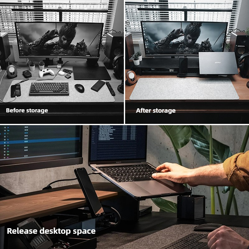 Stand Monitor Modular Ergonomi - Desk Setup Black And Wood ulasan dan harga