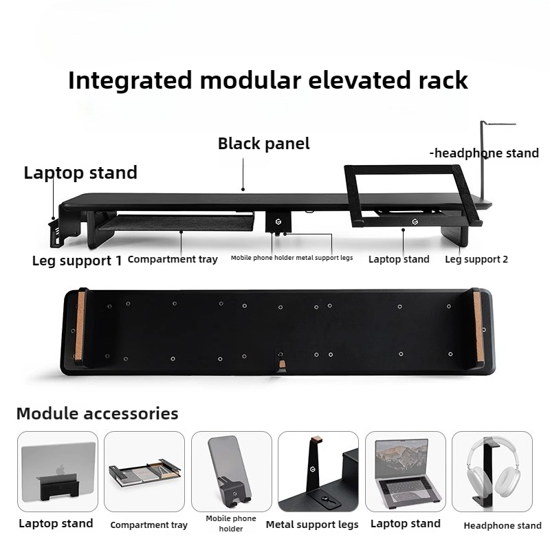 Stand Monitor Modular Ergonomi - Desk Setup Black And Wood ulasan dan harga